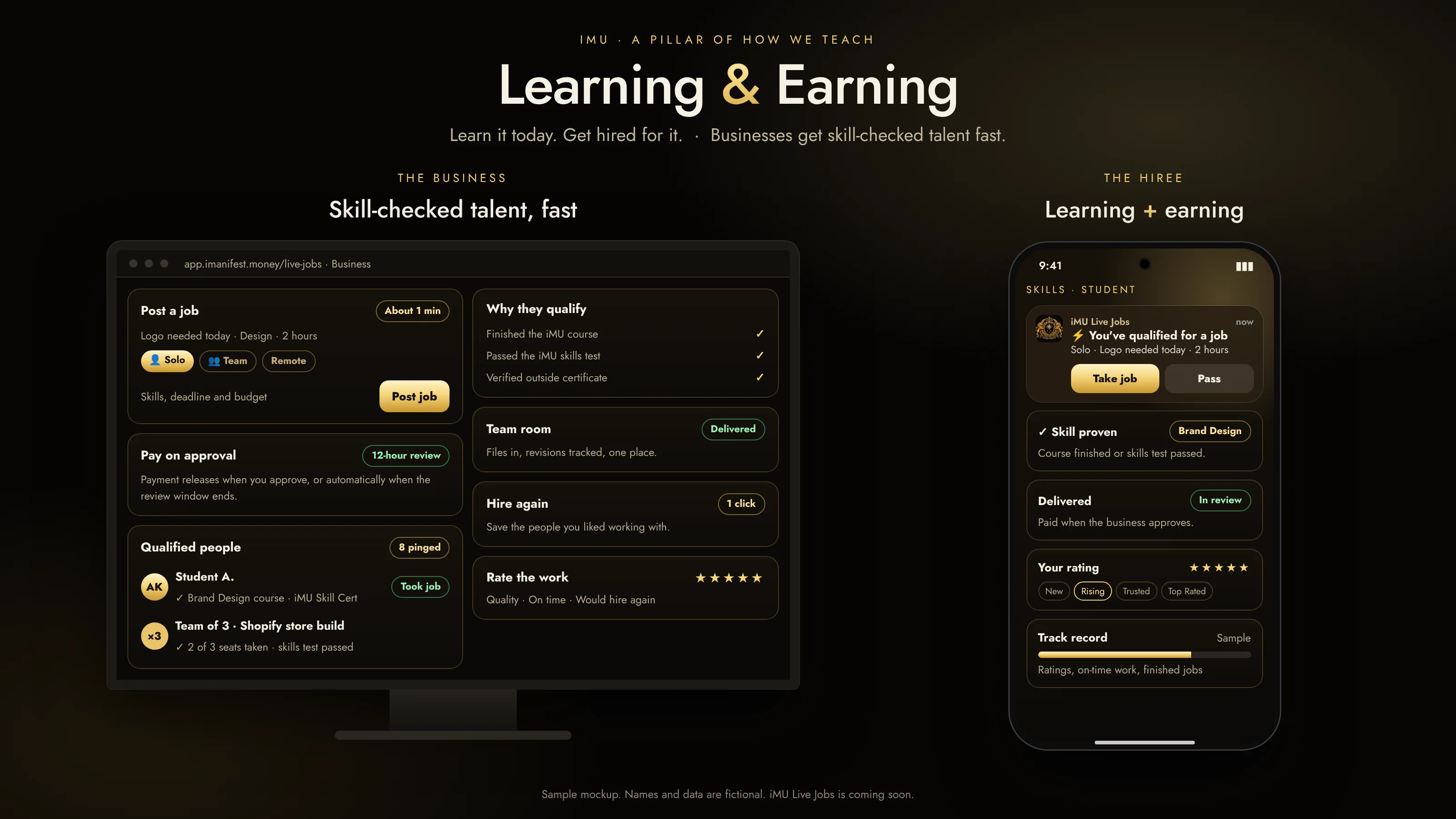 Learning & Earning: a business posts a solo or team job and pays on approval, and a qualified person gets a "You've qualified for a job" ping with Take job or Pass, then builds a rating and track record (sample mockup)