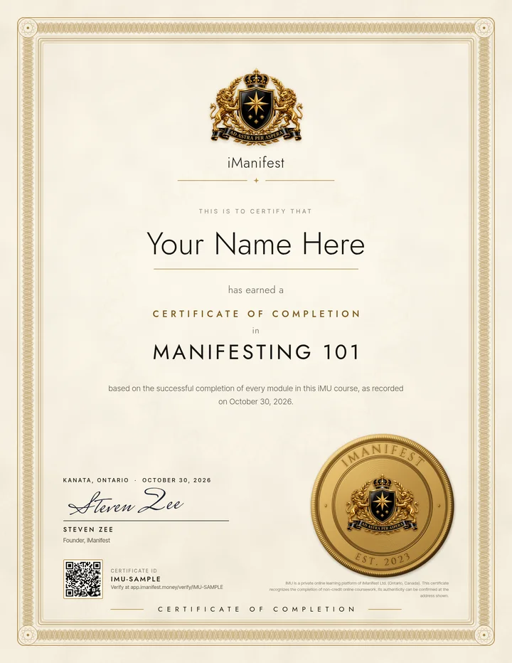 Sample iManifest certificate of completion, Ivory design, for Your Name Here