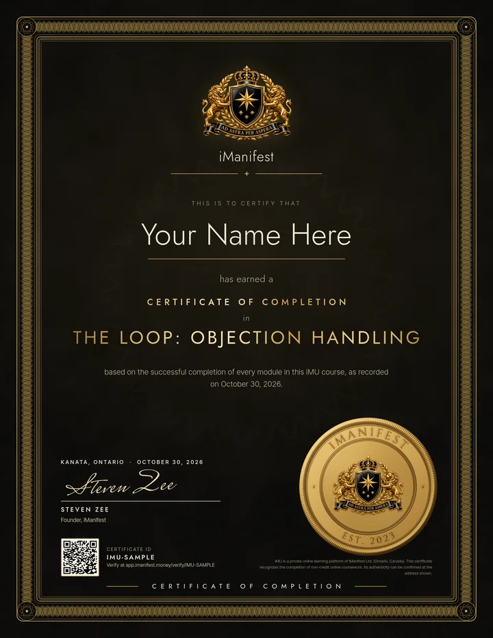 Sample iManifest certificate of completion, Luxe black-and-gold design, for Your Name Here