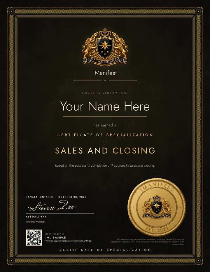Sample iManifest Certificate of Specialization in Sales and Closing, black-and-gold design, for Your Name Here